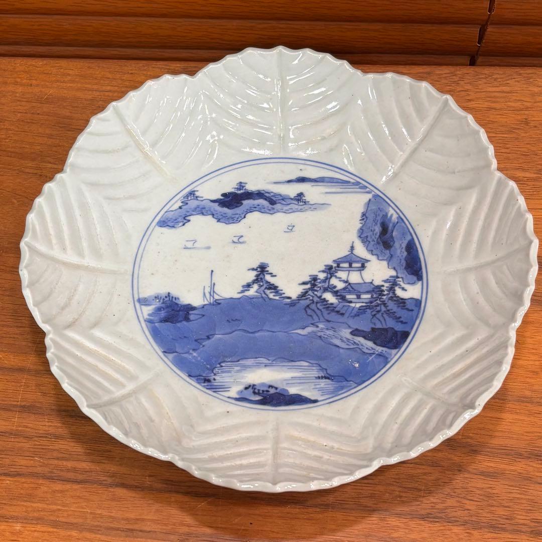 江戸時代　古伊万里　陰刻　染め付け皿　5枚