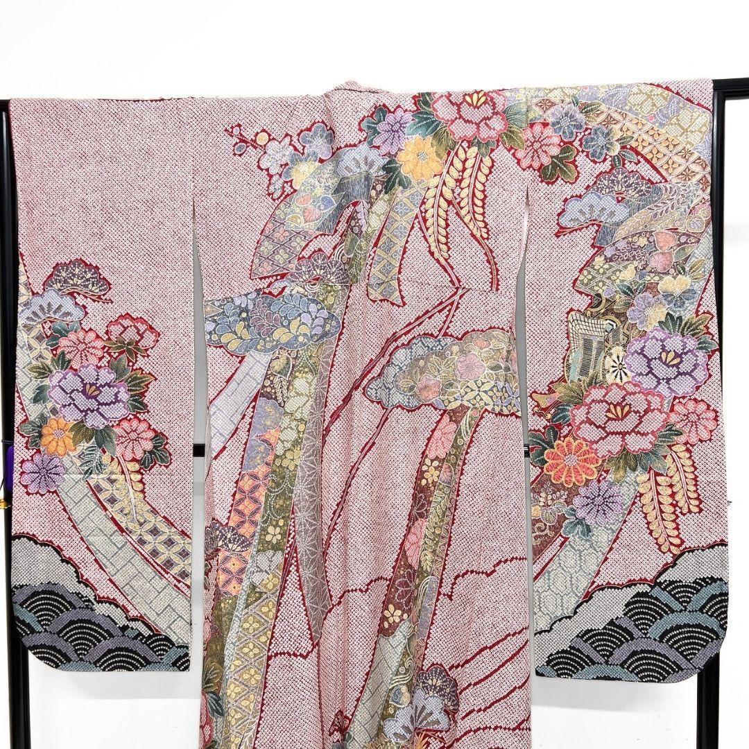 振袖　銀通し　金彩　辻ヶ花　鹿の子　牡丹　花模様　紅白　着物　121b p ms