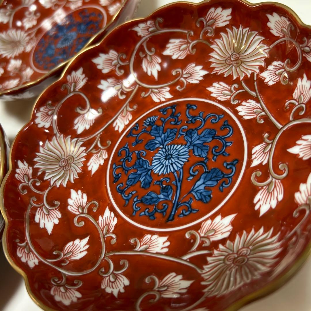 【希少】源右衛門作　古伊万里の伝統　日本の銘窯　赤濃菊唐草文　五枚セット