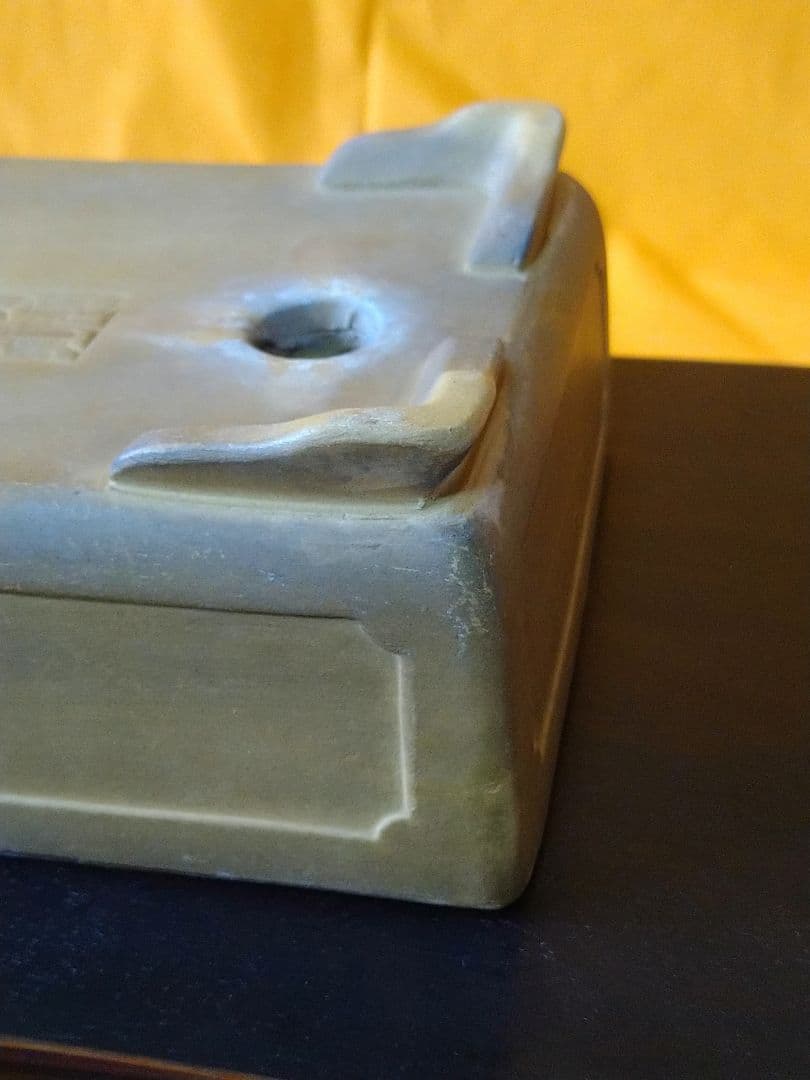 盆栽鉢　盆栽小品鉢　落款有り 黄泥？切立額面長方鉢