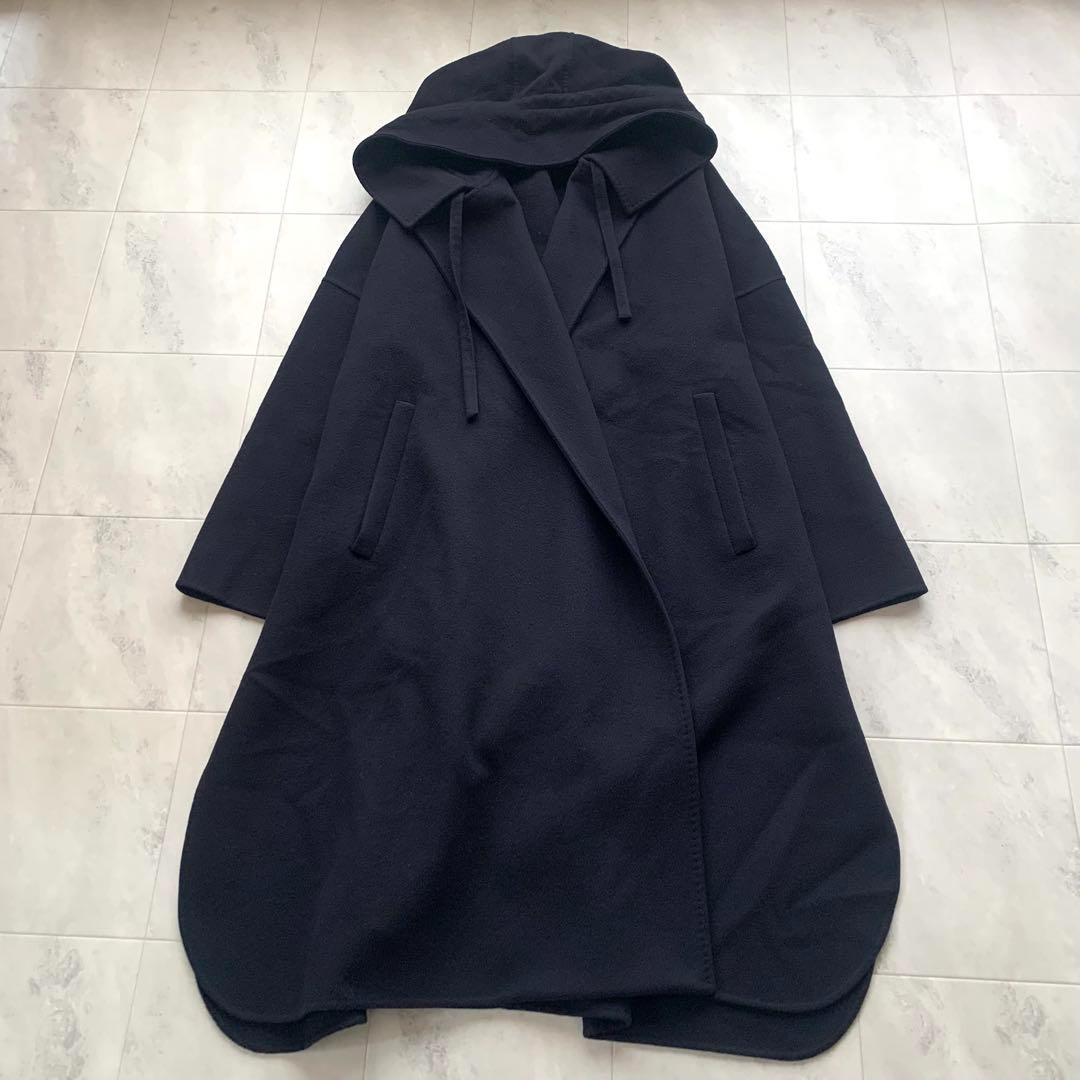美品♡ブラミンク フード ポンチョ コート ロング ウール ネイビー 36