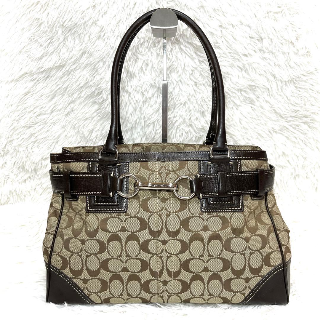 良品 COACH シグネチャー キャンバス ハンドバッグ ブラウン 金具