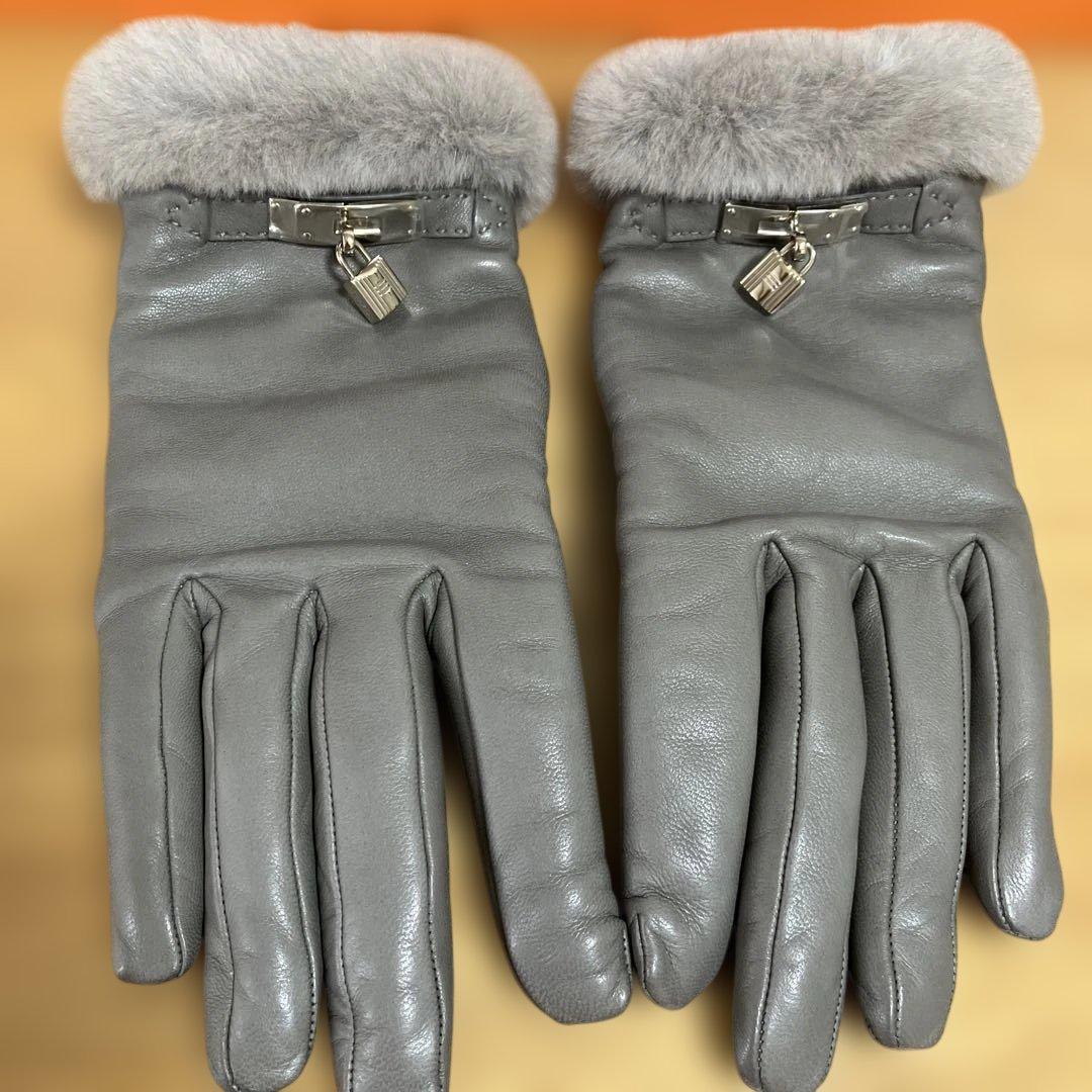 HERMES エルメス　ミンクファー付きグローブ　ケリー グレー　7
