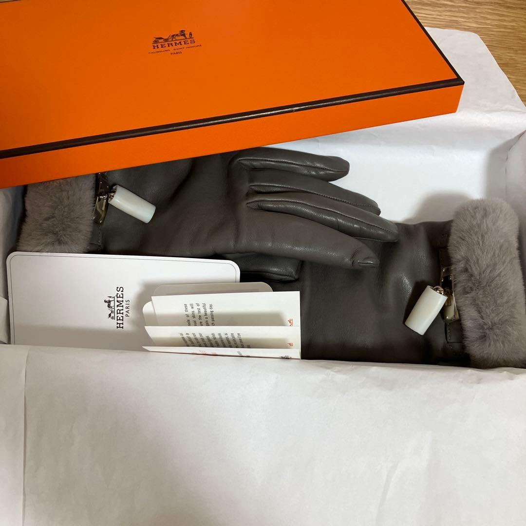 HERMES エルメス　ミンクファー付きグローブ　ケリー グレー　7