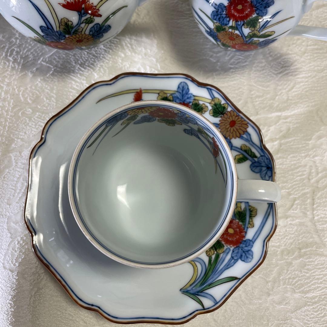 源右衛門窯　古伊万里風菊江腕皿　コーヒーカップ　シュガーポット　クリーマー