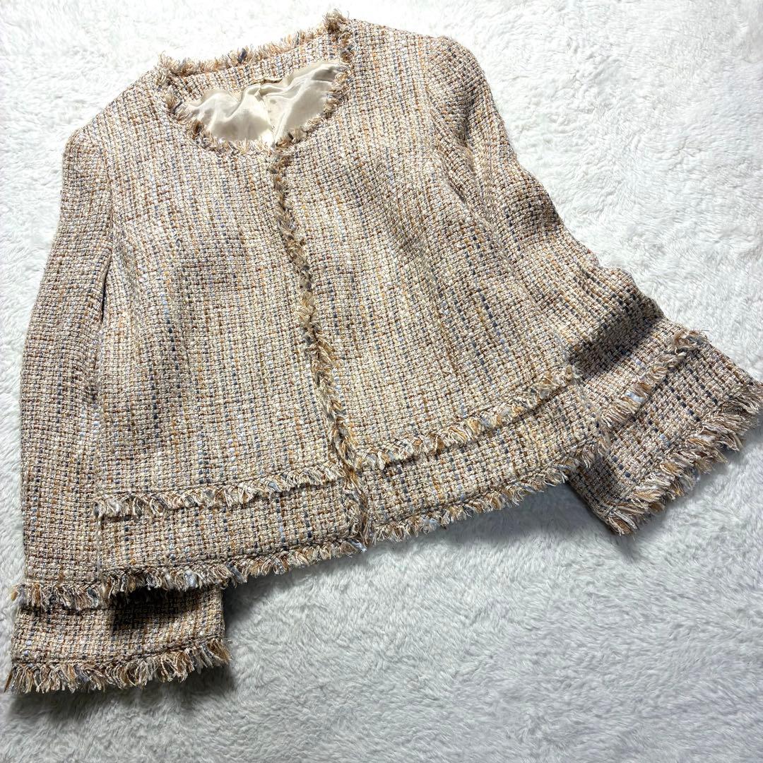 ANAYI アナイ カラーミックスツィード ノーカラー ジャケットベージュ系