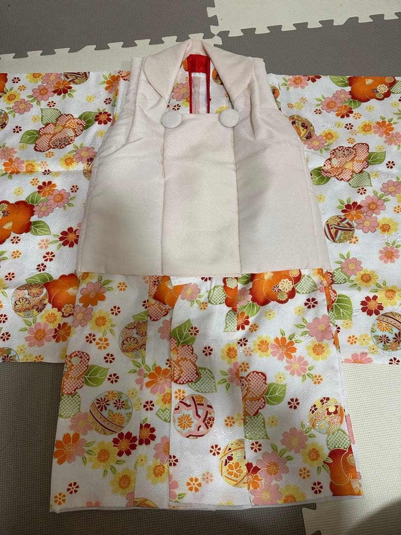 七五三 着物セット 花柄 オレンジ ピンク 黄色　3歳 被布 髪飾り かんざし
