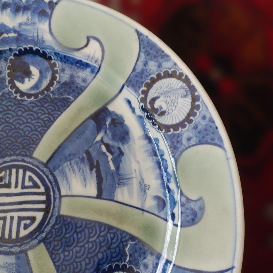 希少　珍品　 古伊万里 有田官窯　青磁染付大皿　特大皿　口径約44cm　有田焼
