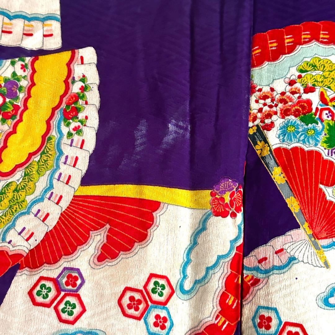 七五三 七歳 女の子 アンティーク着物 紫地 扇柄 写真撮影・舞台衣装向き