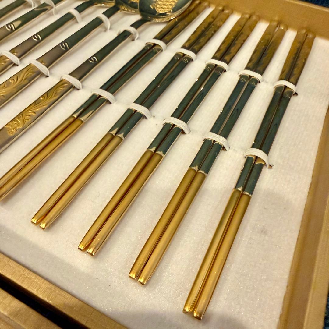 美品 Golden Bell 金装飾 カトラリー 箸5膳 スプーン5本 ゴールド