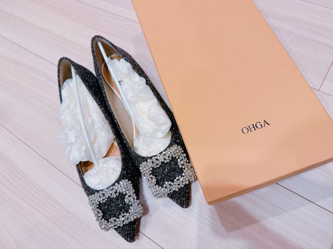 OHGA ビジュー付きポインテッドツイードフラットシューズ