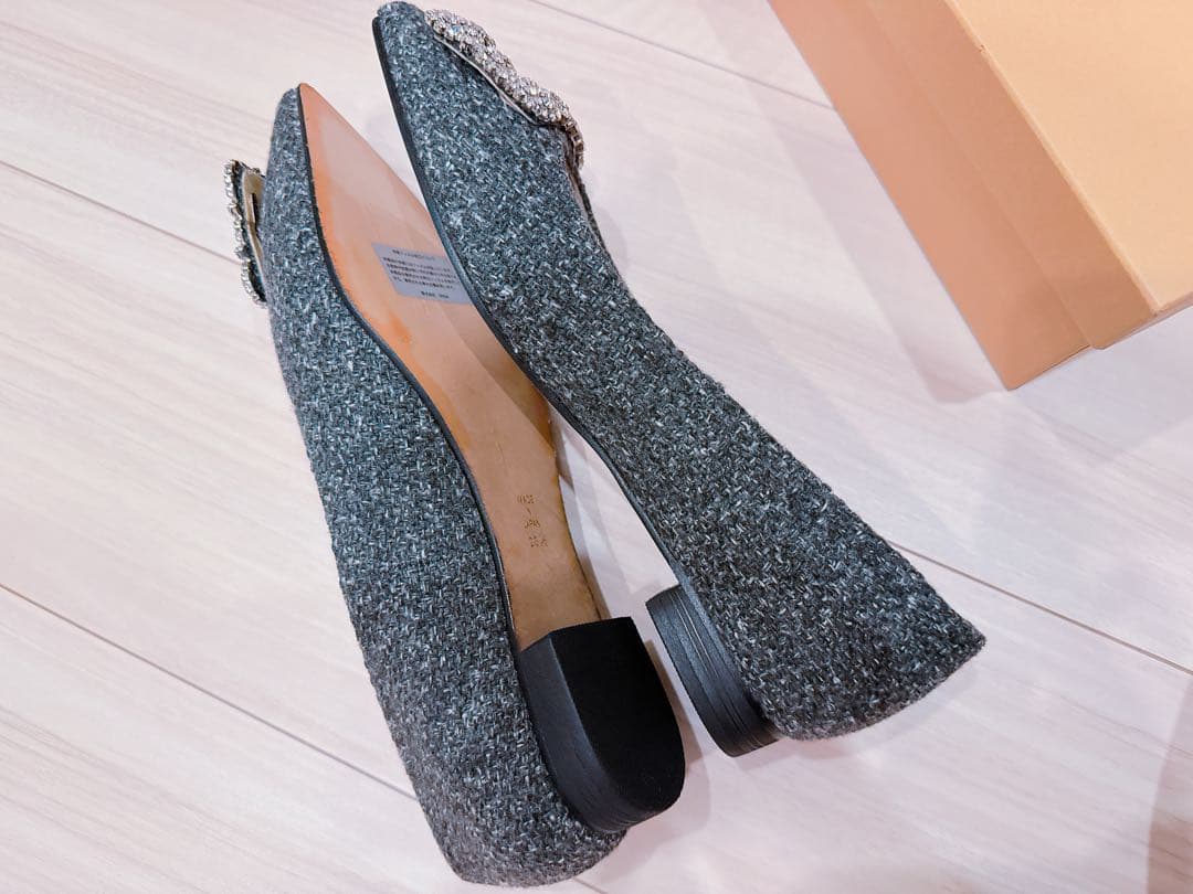 OHGA ビジュー付きポインテッドツイードフラットシューズ