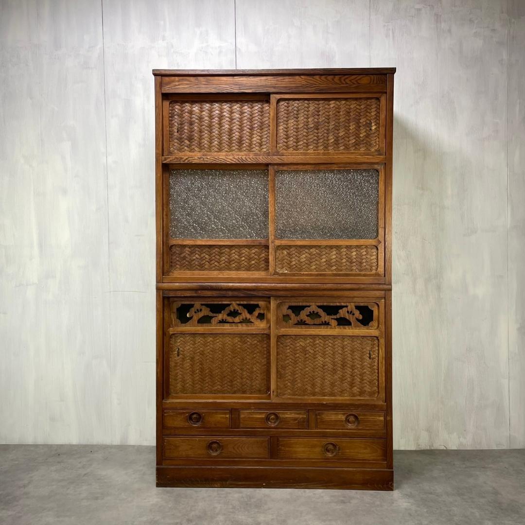 ヴィンテージ 昭和初期 ダイヤガラス 食器棚 水屋 収納 和家具 ビンテージ