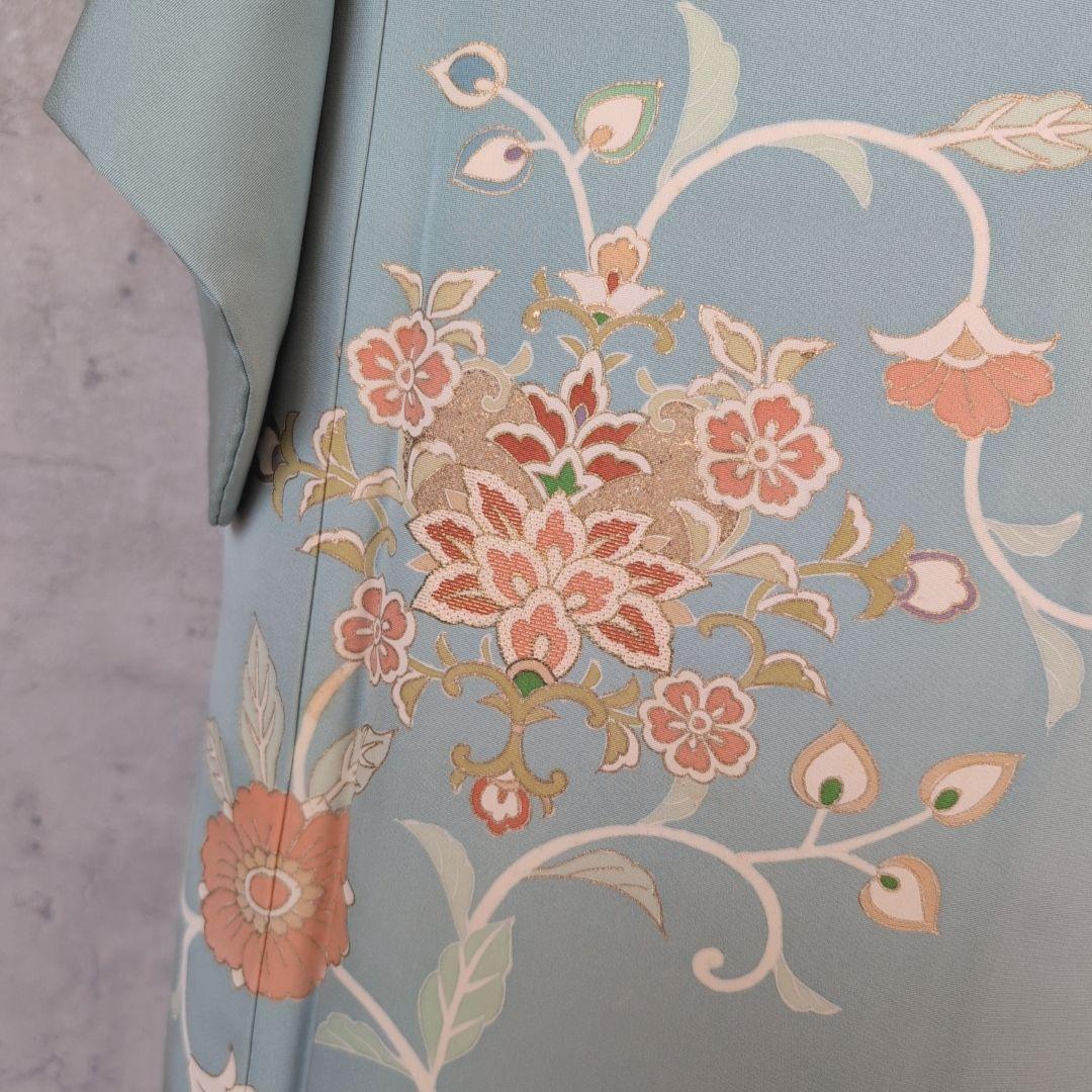 訪問着　フルセット　着物　正絹　淡い青緑　金彩加工　洋花　優美　爽やか　B2