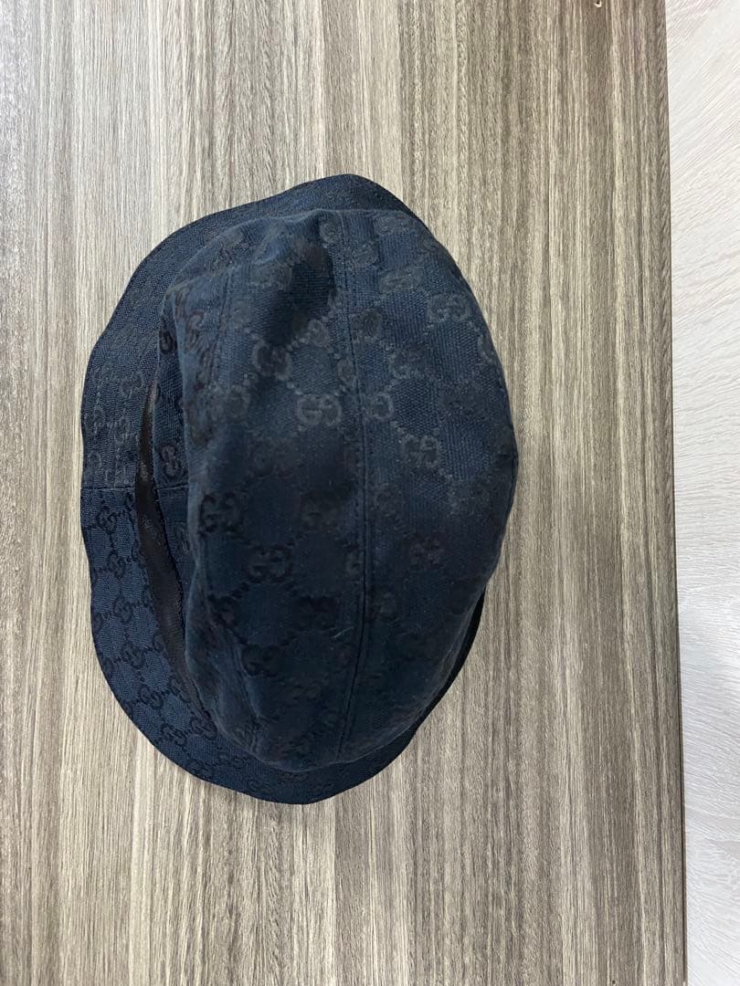 GUCCI バケットハット　帽子　GG柄　キャンバス　黒　ロゴプレート　XL