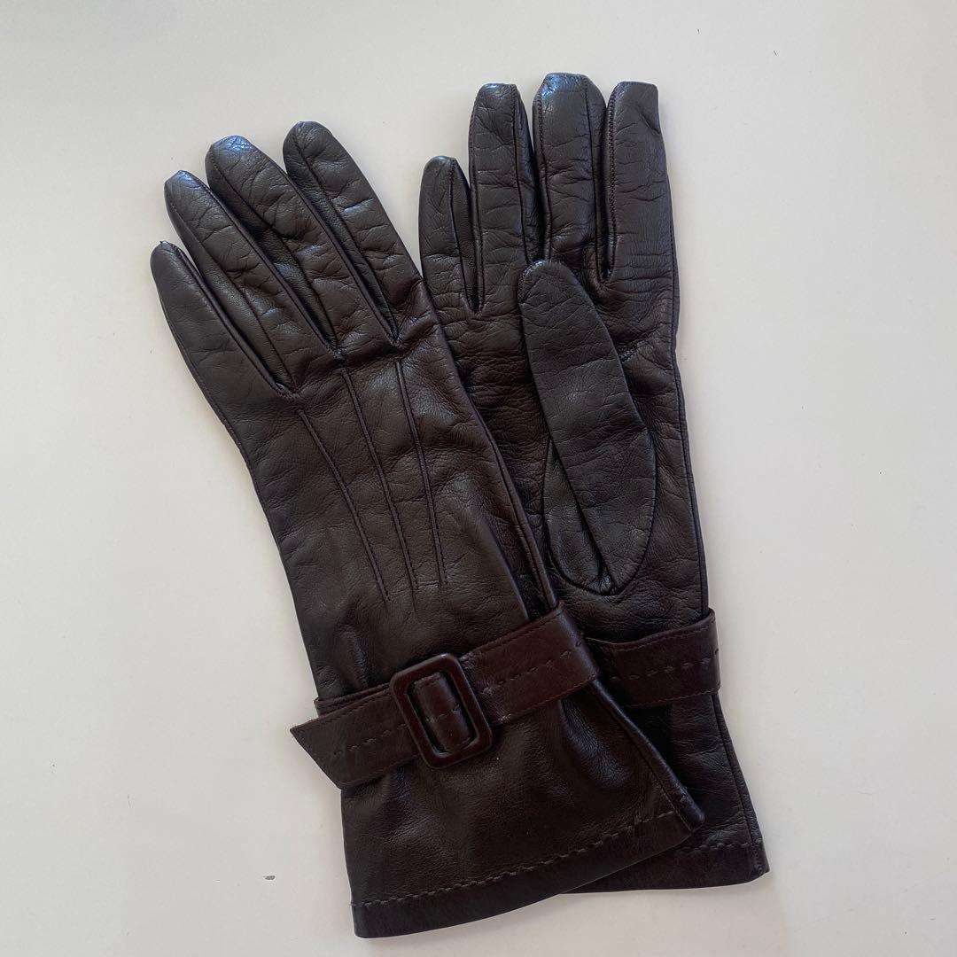 美品　フェラガモ　レザーグローブ　革手袋　ダークブラウン　シルク裏地　サイズ7