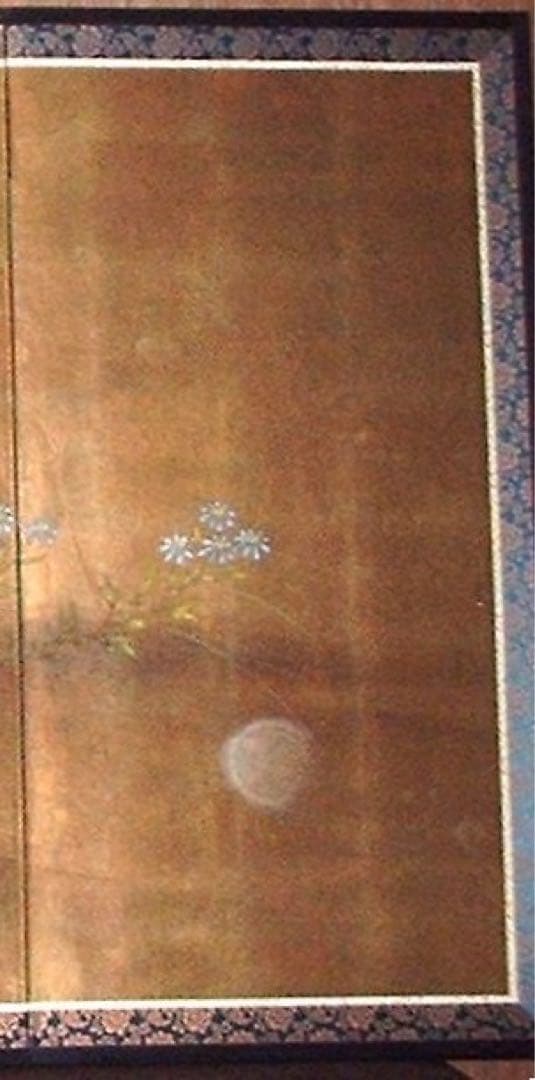 三つ折り四曲屏風　日本画　金箔着色　ケシ花に蝶