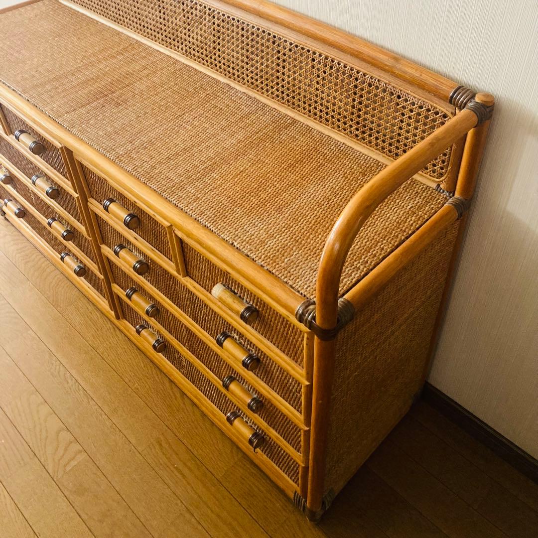 ヴィンテージ ラタン 籐 ワイド ローチェスト 棚 10杯 テレビ台 昭和レトロ