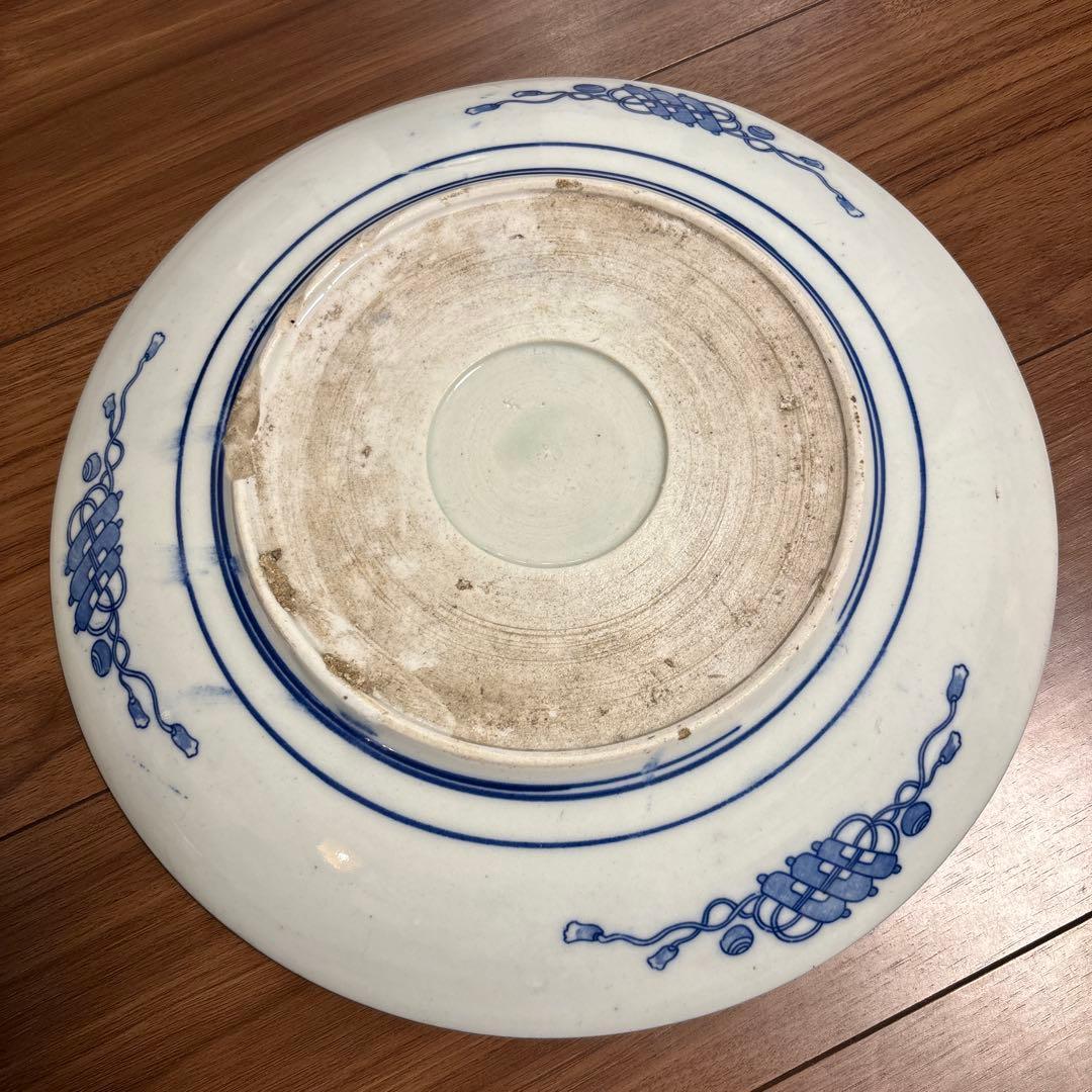 骨董　青い花柄 魚の装飾皿　大皿