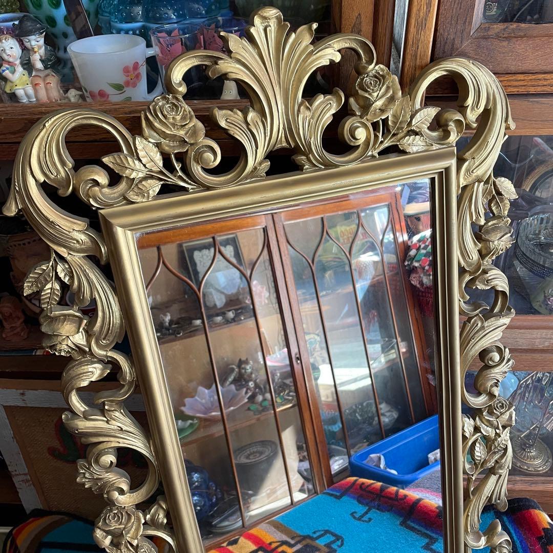 BIG60s～70s 豪華アメリカアンティーク薔薇デザインゴールドカラー鏡ミラー