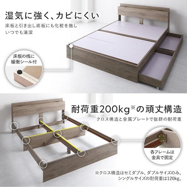 ベッド セミダブル ベッドフレームのみ ホワイト 宮付 収納ベッド