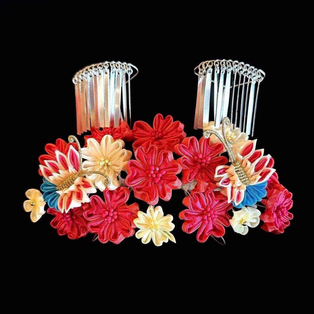 勝山髪飾り 七五三 7歳 (濃いピンク×クリーム色) 蝶