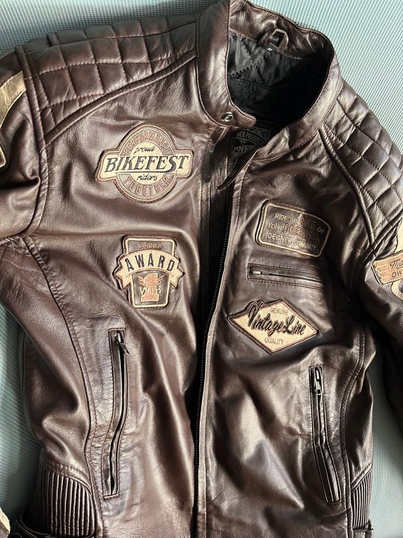 値下げバイクウェア　ダークブラウン レザージャケット パッチ付き
