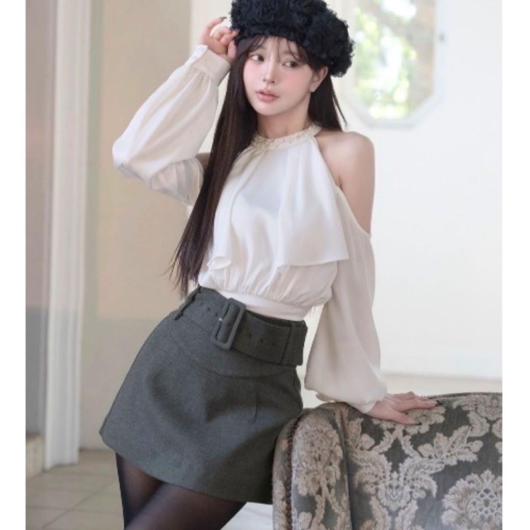 新品未開封ダーリッチ darich パールネックアメスリブラウス　ホワイト　F