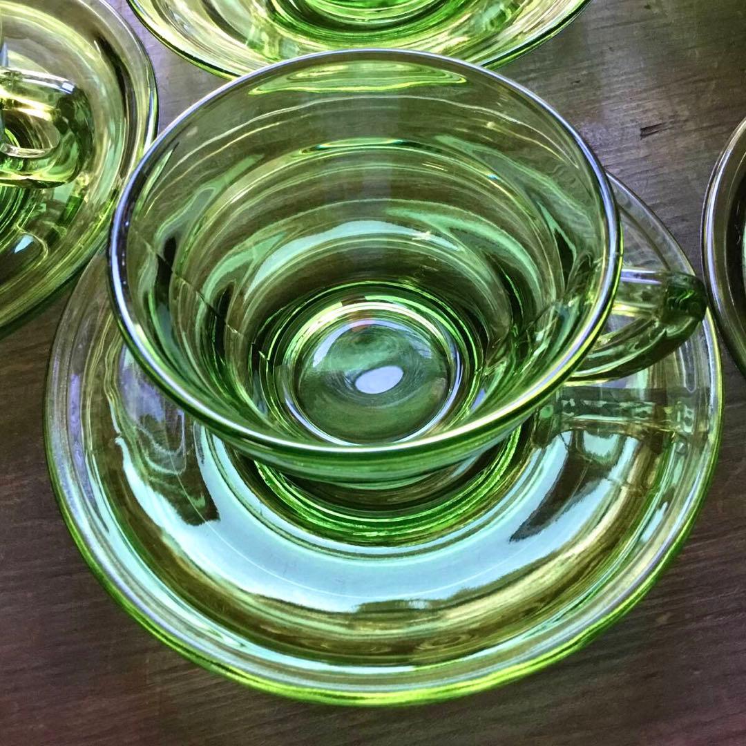 アールデコ◆ガラスカップ&ソーサー6客◆緑 グリーン 昭和レトロ プレスガラス