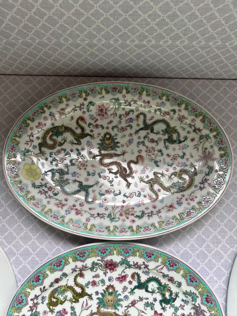 希少　中国景徳鎮09 オーバル皿　2種４枚セット 楕円皿　パーティ皿　花龍　手描