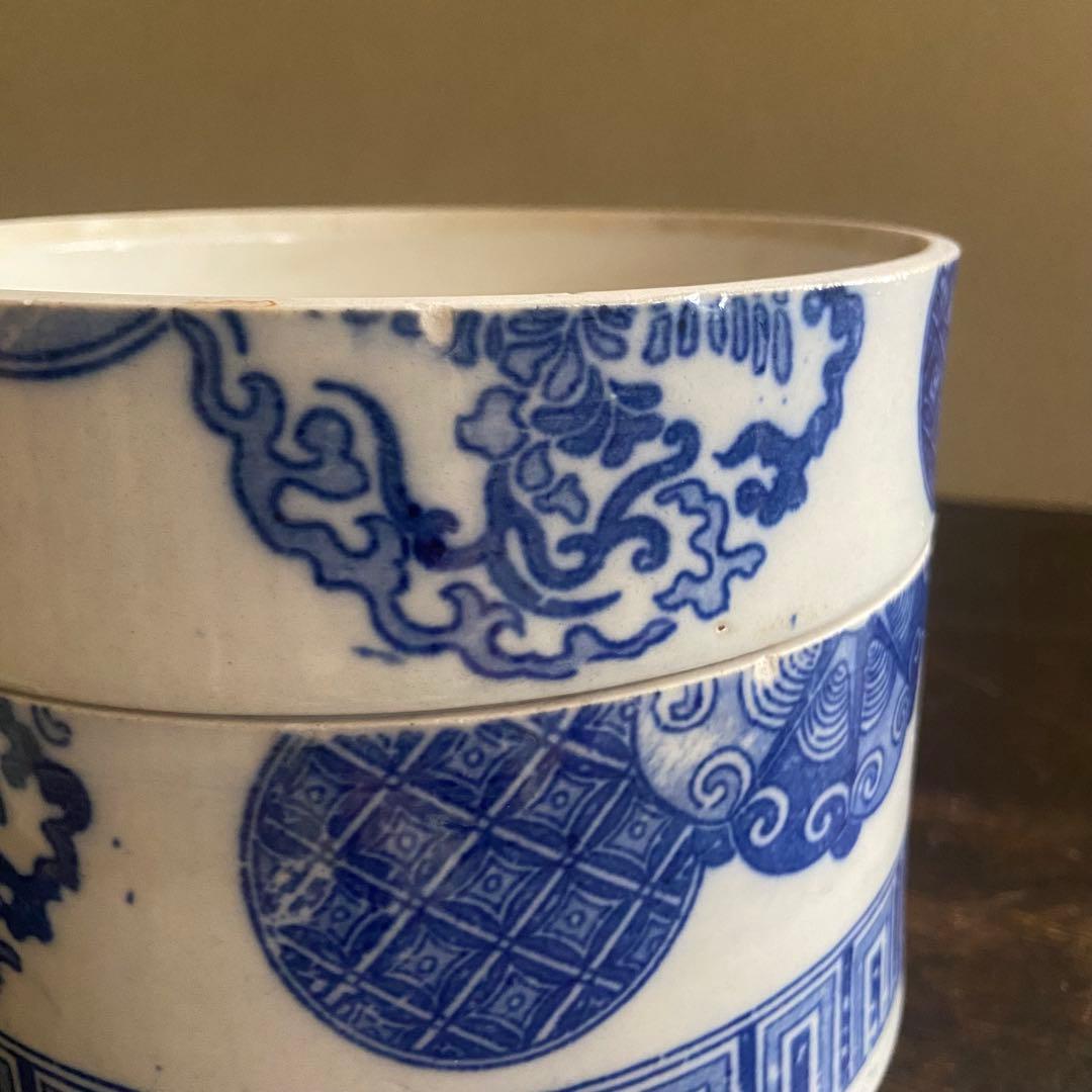 明治　印判陶器御重　4段重箱　丸型　骨董