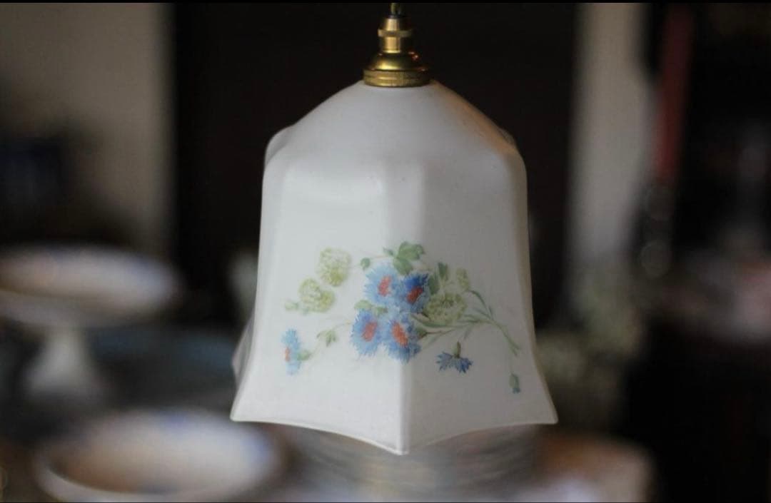 イギリス 矢車草のハンドプリント アンティーク ランプシェード