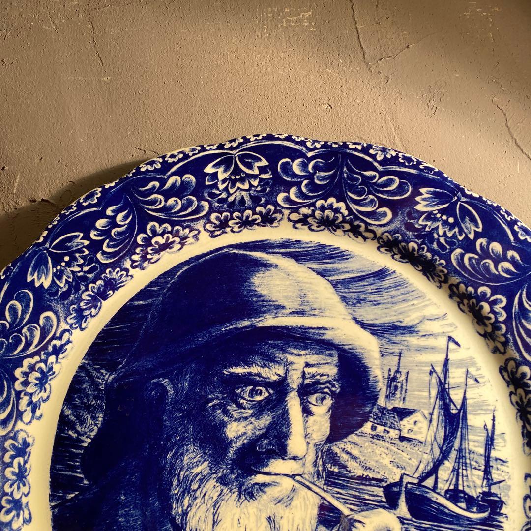 アンティーク デルフト焼き 34cm壁掛け飾り皿 漁師 アート 美品
