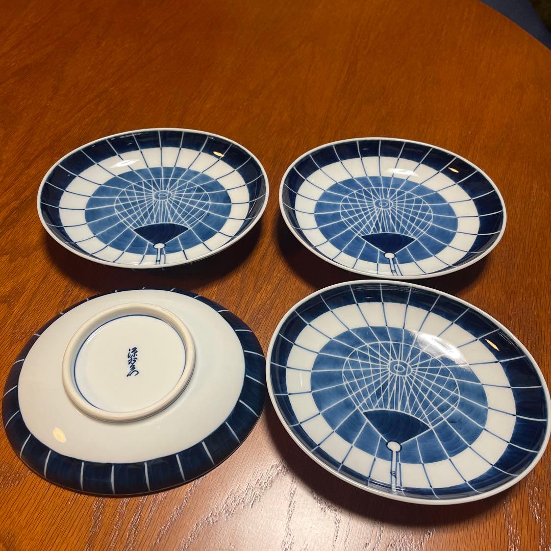 有田焼　源右衛門窯　染付傘絵　銘々皿　４枚