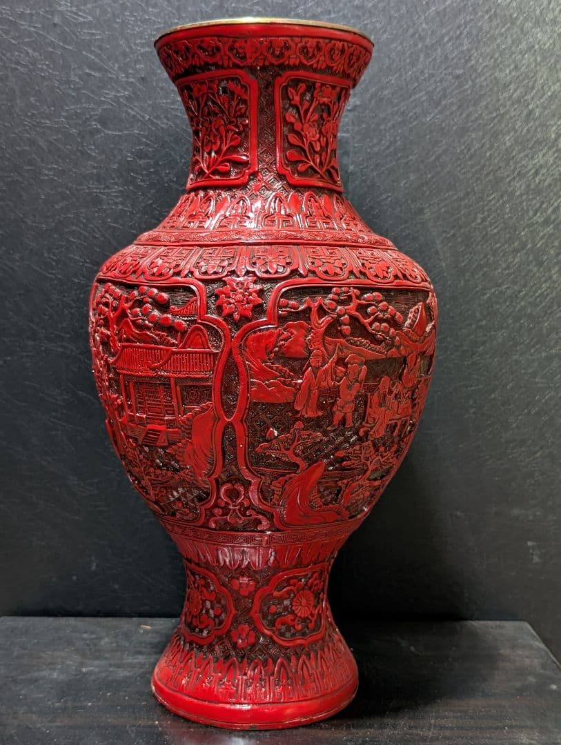 中国 美術 骨董 堆朱 壺 赤壺 工芸品 民芸品 彫刻 花柄 花瓶 花器 置物
