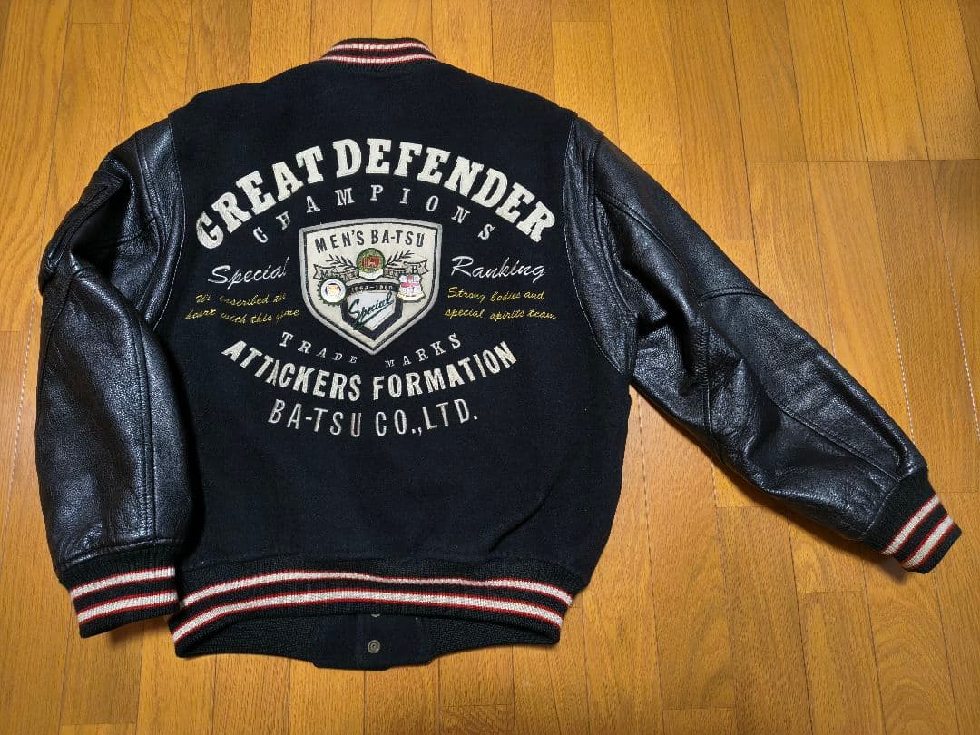MEN'S BATSU メンズバツ 刺繍&ワッペン 袖革スタジャン　ヴィンテージ