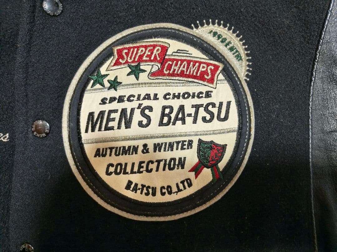 MEN'S BATSU メンズバツ 刺繍&ワッペン 袖革スタジャン　ヴィンテージ