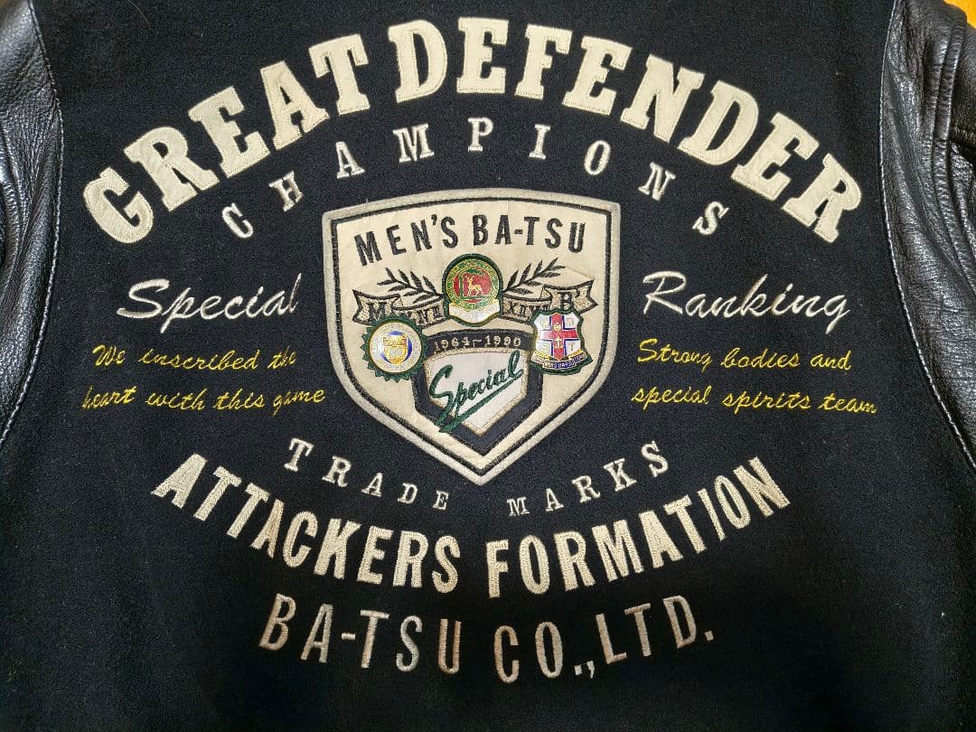 MEN'S BATSU メンズバツ 刺繍&ワッペン 袖革スタジャン　ヴィンテージ