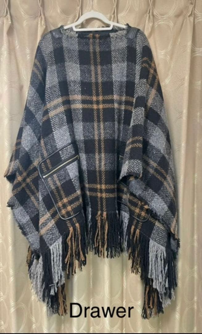 Drawer チェック柄ウールポンチョ ケープ マント