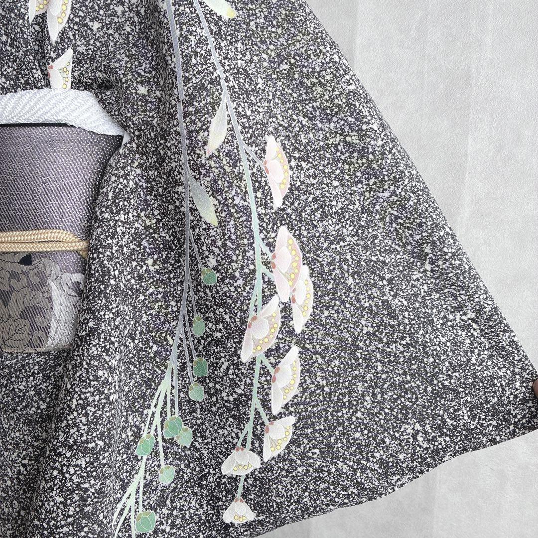 訪問着　フルセット　着物　正絹　黒　たたき染　大人モノトーン　墨花模様　N3