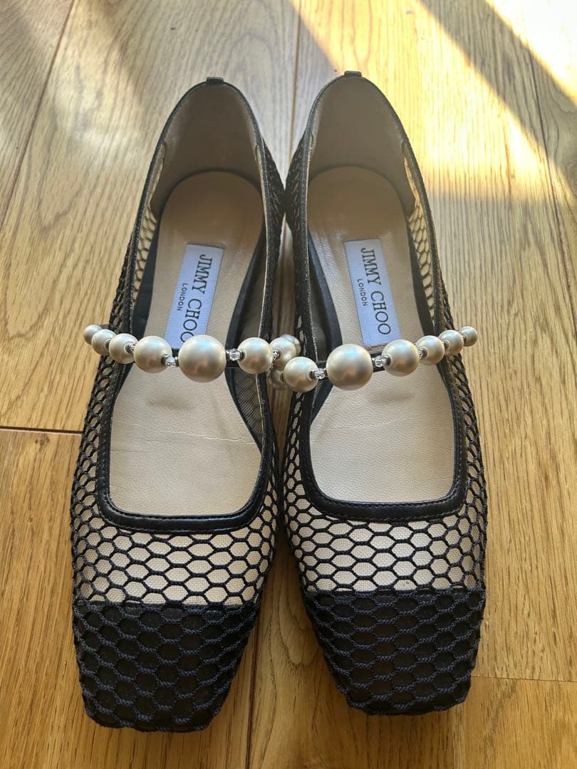JIMMY CHOO パール付メッシュフラットシューズ