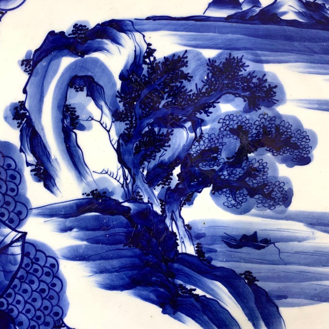 直径53cm ! 大皿 山水図 花 藍色 アンティーク 盛り付け皿 ⑤