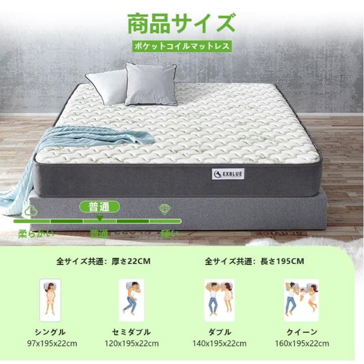 ダブル マットレス スプリング メモリーフォーム 厚さ22cm 静音 ベッド