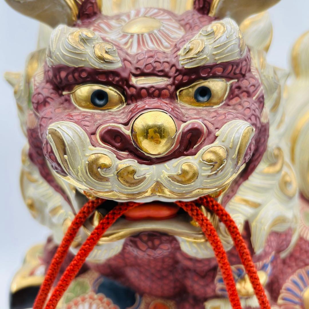 【九谷焼 獅子　打ち出の小槌 狛犬 置物 魔除け 縁起物 金彩】