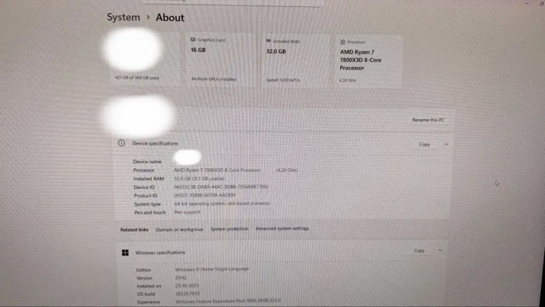 PC Ryzen 77800X3D RX 9060 XT DDR532GBメモリ