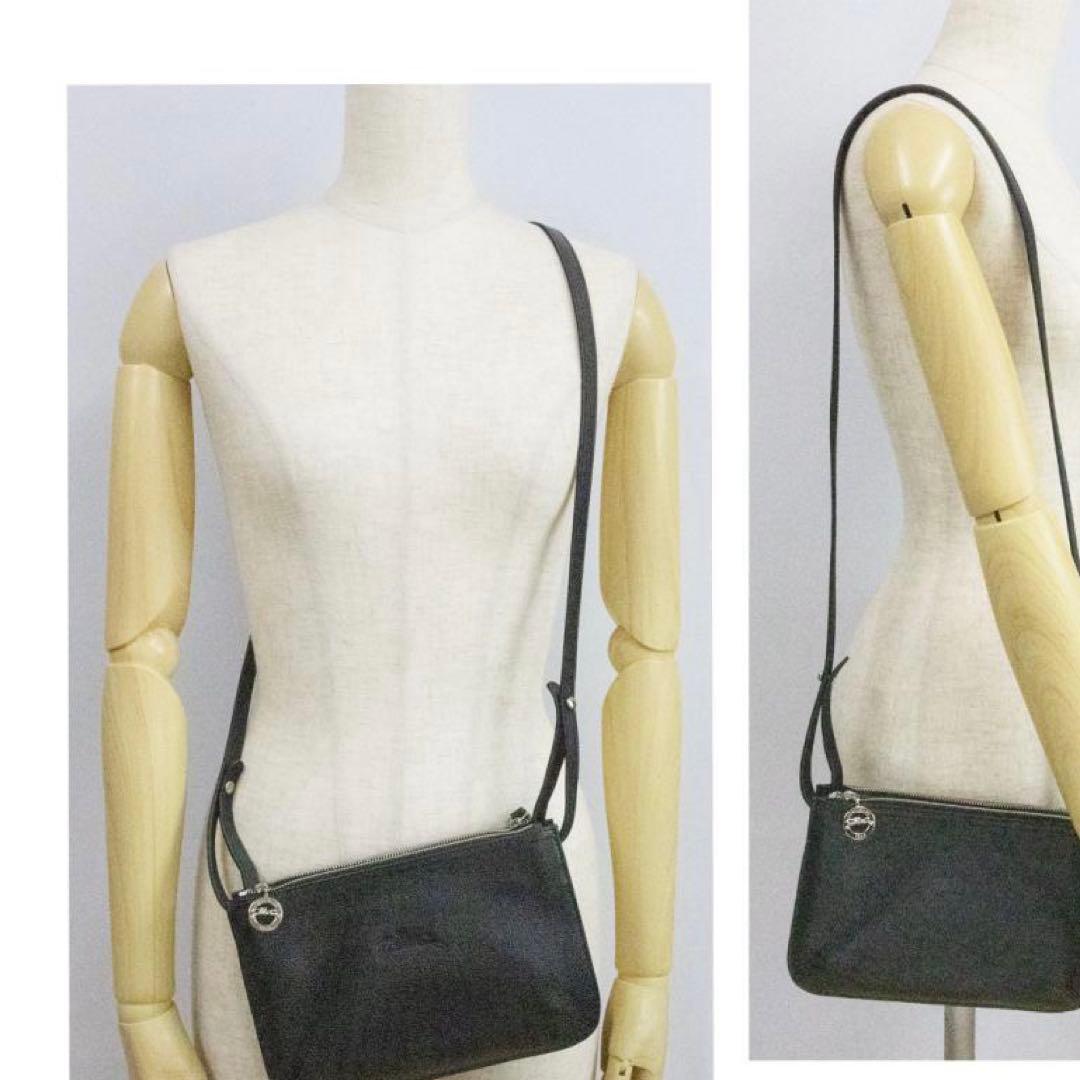 ロンシャン LONGCHAMP 黒レザー　ショルダーバッグ ダブルファスナー