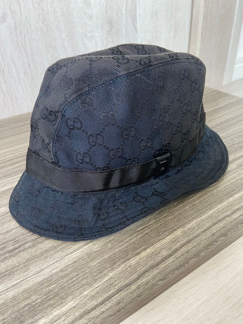 GUCCI バケットハット　帽子　GG柄　キャンバス　ブラック　レザー