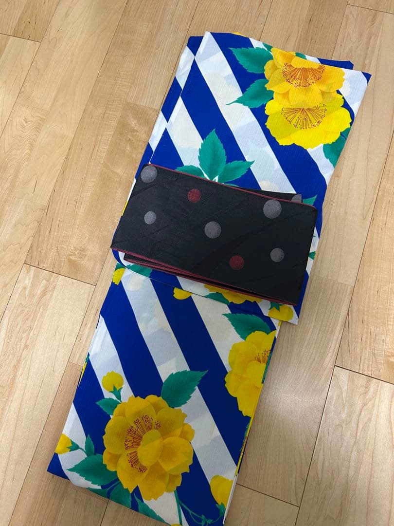 浴衣単品　撫松庵　花柄　青　白　ストライプ　黄色　セオアルファ　単衣