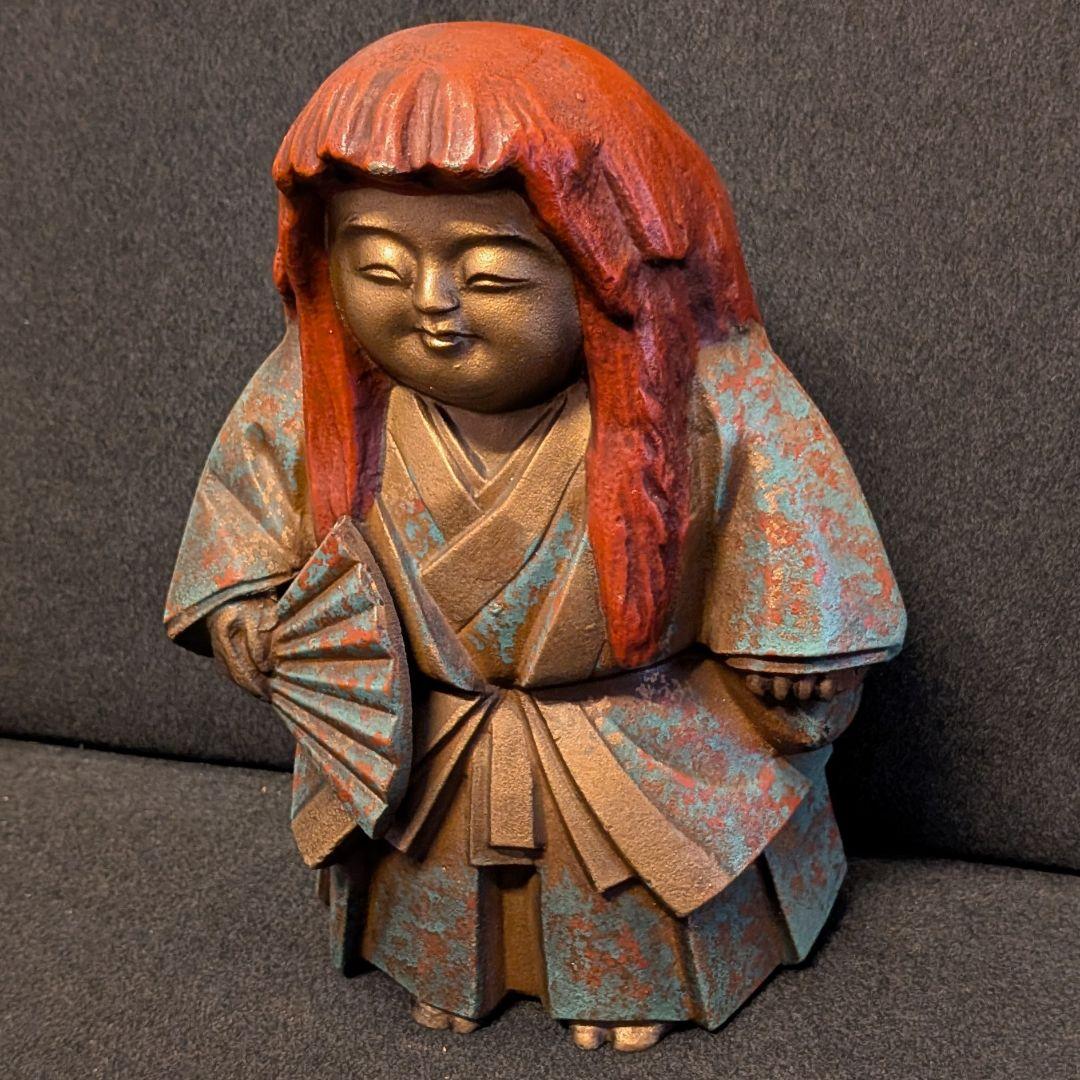 和装 童子像 扇子持ち 金属製 置物 鋳造刻印あり ブロンズ調 古美術風