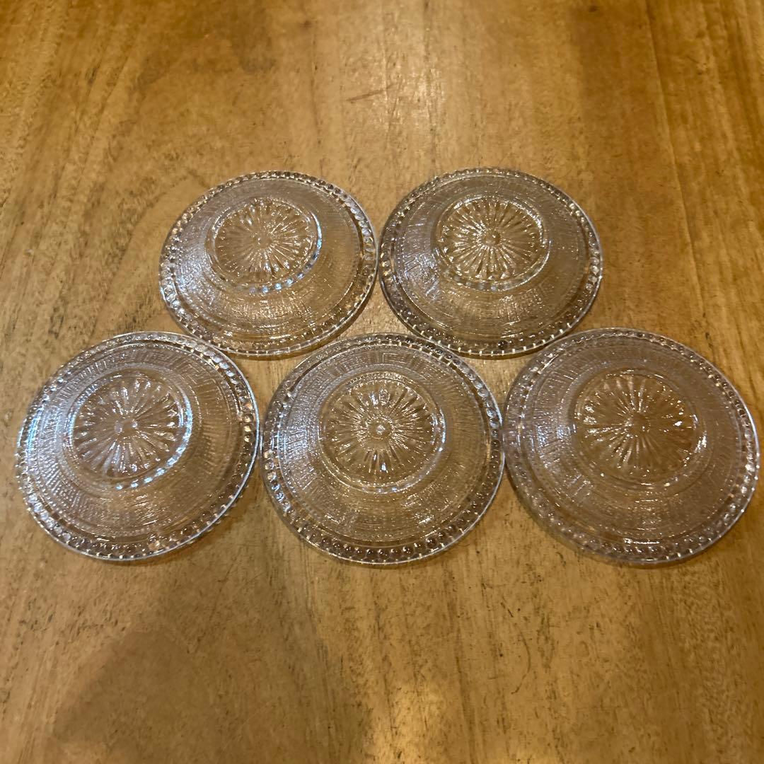 大正期プレスガラスレース皿アンティークヴィンテージ和ガラス(雷紋)五枚